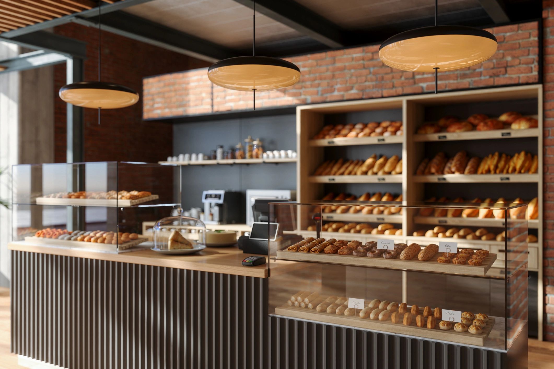 Bakery counter with fresh pastries and buns on display